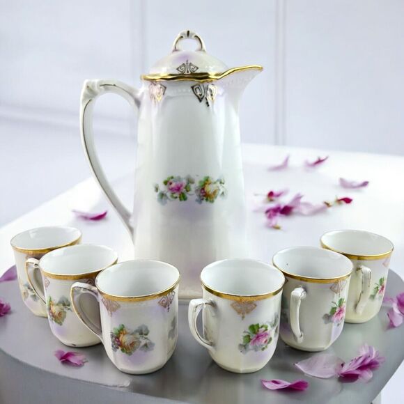 Antique Art Nouveau Demitasse Chocolate Pot/Espresso Set Three Crown Germany 7pc - Picture 6 of 15